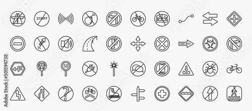set of 40 traffic signs icons in outline style. thin line icons such as end motorway, , curves, intersection, no sound, crossroads, one way, speed limit, pothole, no doubt, bump, no straight
