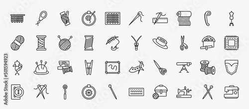 set of 40 sew icons in outline style. thin line icons such as hand craft, threads, fabrics, mannequin, ball of wool, slide fastener, cutting tool, sewing clip art, ironing board, overstitch, old