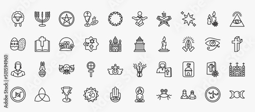 set of 40 religion icons in outline style. thin line icons such as lamb, pagan, holy star, cao dai, calvary, doi suthep, pray, holy elephant, , goblet, muslim, induence editable vector.