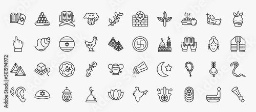 set of 40 religion icons in outline style. thin line icons such as halakha, holy quran, cake, kalasha, israel flag, swastica, reading quran, muhammad word, muslim tasbih, lion of judah, jewish