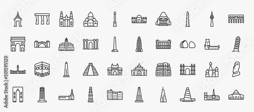 set of 40 monuments icons in outline style. thin line icons such as cambodia, cathedral, walled obelisk, segovia aqueduct, hassan mosque, amritsar, al shaheed monument, obelisk of bue aires, spain,