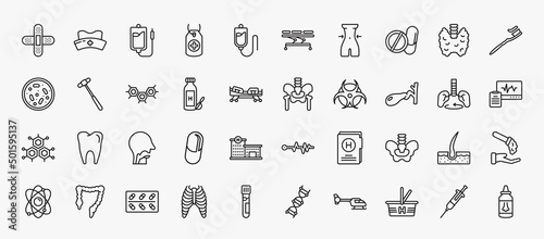 set of 40 medical icons in outline style. thin line icons such as plastering, perfusion, drug pills, brush with tooth paste, three hexagons cell, p, gallbladder, pharynx, pelvic area, cure, phary