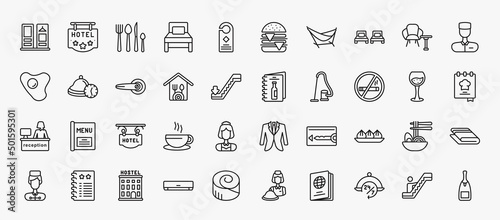set of 40 hotel and restaurant icons in outline style. thin line icons such as checkroom, eating utensils, beds, valet, doorknob, wine menu, no smoking, hotel, dim sum, hostel, 24 service, or