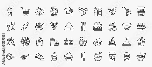 set of 40 food icons in outline style. thin line icons such as plastic drinking cup, melon slice, herb, popcorn shop, bowl of food, knife and fork, smoothies, fruit cake, pancake, japanese sushi,