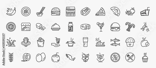 set of 40 food icons in outline style. thin line icons such as hot chilli pepper, sushi and chopsticks, oyster omelette, hamburger and drink, loaf of bread, cheese wedge, hamburger with bacoon,