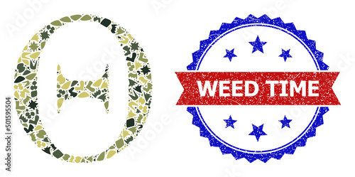 Military camouflage composition of Tetta Greek letter icon, and bicolor dirty Weed Time seal stamp. Vector seal with Weed Time caption inside red ribbon and blue rosette, unclean bicolored style.