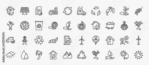 set of 40 ecology icons in outline style. thin line icons such as ecological house, eco paper, water tap, olives on a branch, recycle bin, eco, coal, recycle, green home, coconut tree, save water,