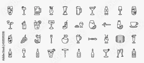 set of 40 drinks icons in outline style. thin line icons such as lemon juice, brewery, water jug, tom collins, cuba libre, ham, drip, greyhound drink, mai thai, alcohol, cosmopolitan, toast editable