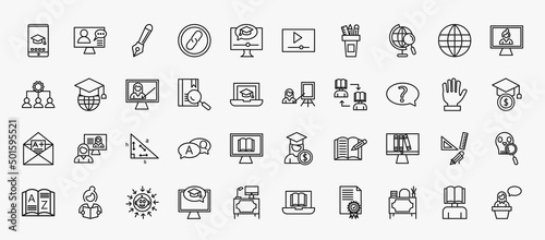 set of 40 e learning and education icons in outline style. thin line icons such as mobile learning, fountain pen, geography, distance teacher, computer-based training, instructor, ask, trigonometry,