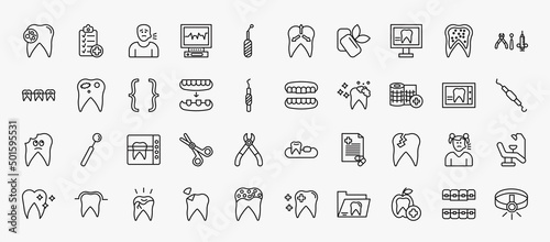 set of 40 dentist icons in outline style. thin line icons such as bacteria in mouth, sick boy, dental monitor, dental hook, brackets, dentures, gauze, radiograph, damaged tooth, broken tooth,