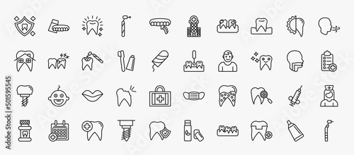 set of 40 dentist icons in outline style. thin line icons such as dental protection, white teeth, occlusal, breath, tooth filling, interproximal, shiny tooth, mouth, dental checkup, dental care,