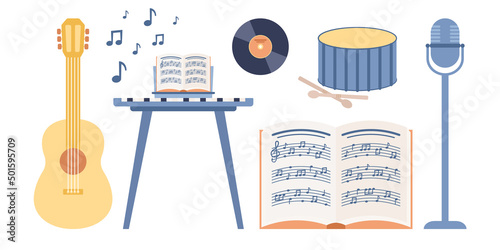 Musical instruments icon. Music book, microphone, guitar, keyboard, synthesizer, drum, vinyl. Vector flat illustration