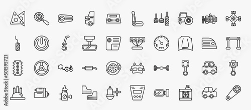 set of 40 car parts icons in outline style. thin line icons such as car gasket, car reversing light, spare wheel, universal joint, dipstick, manifold, hood, tailpipe, connecting rod, choke,