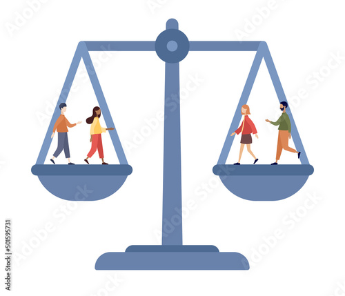 World Social justice day. Human rights concept. Tolerance and respect. People on scales as symbol of equality, freedom and love. Vector flat illustration 