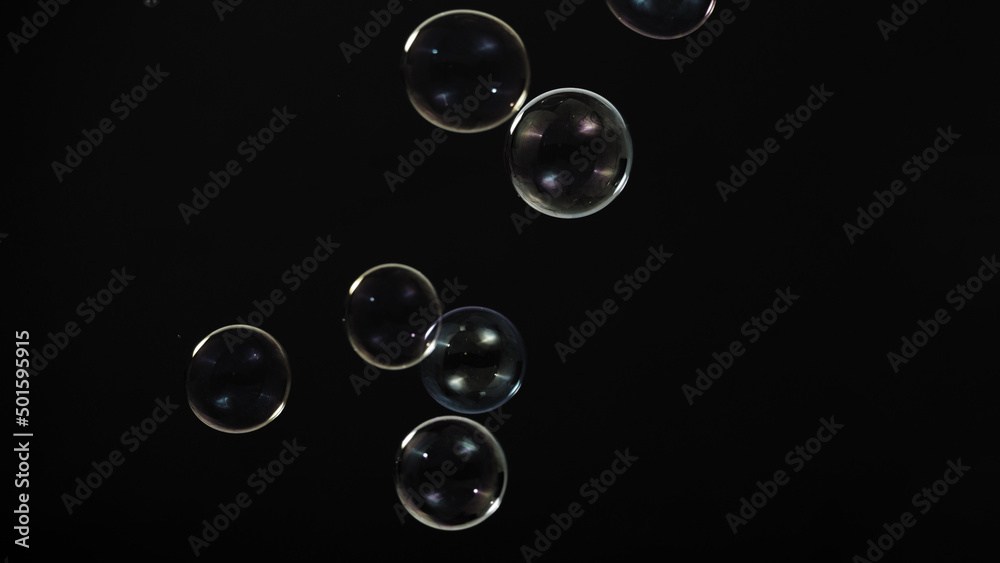 Soap bubble drop or Shampoo bubbles floating like flying in the air black background which represent refreshing moments and gentle soft. Bubbles drops for soap shampoo or detergent product industry. Soap bubble drop or Shampoo bubbles floating like flying in the air black background which represent refreshing moments and gentle soft. Bubbles drops for soap shampoo or detergent product industry.
