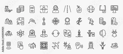 set of 40 artificial intellegence icons in outline style. thin line icons such as medicine, binary, future brain, business, speech bubble, recognition, prosthesis, artificial atmosphere, laws of