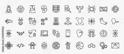 set of 40 artificial intellegence icons in outline style. thin line icons such as nurse, organ printing, unsupervised learning, cpu, mind transfer, unmanned aerial vehicle, eye tracking, data