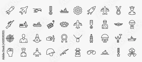 set of 40 army and war icons in outline style. thin line icons such as airplane bomb, helicopter, fighter plane, officer, militar ship, plane, conscription, submarine front view, skull army, jet,