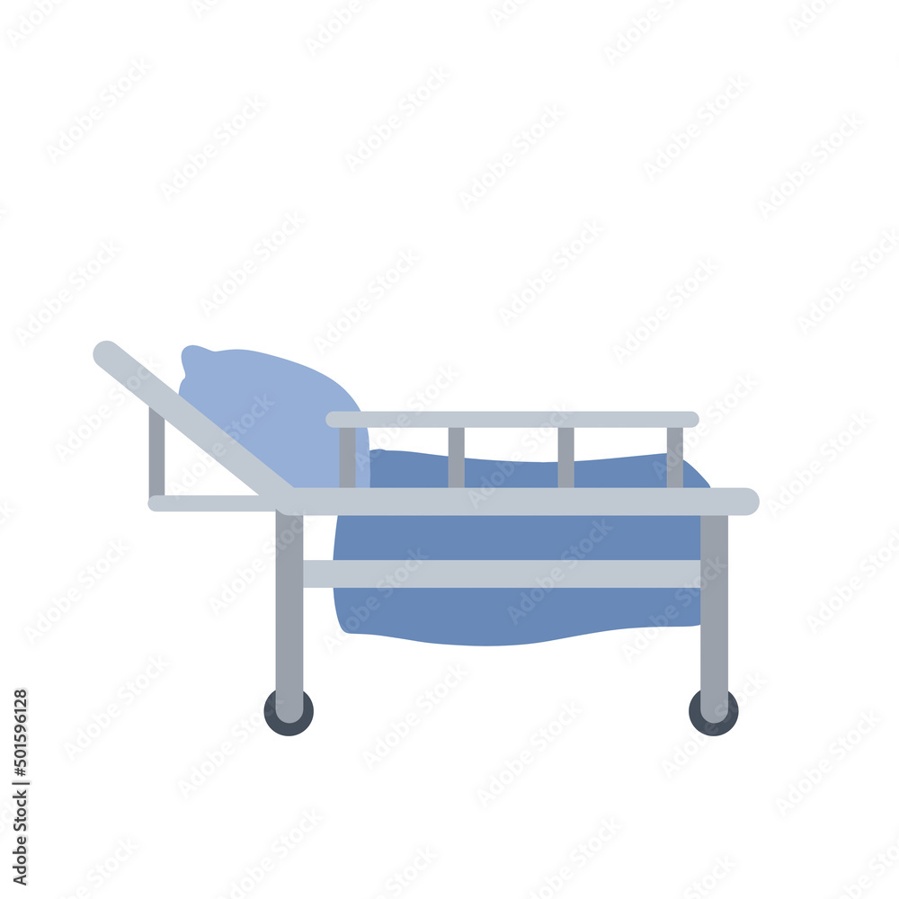 Medical bed on wheels. Clinic furniture. Hospital bed or stretcher with pillow and blanket. Medical bed on wheels. Clinic furniture. Hospital bed or stretcher with pillow and blanket.