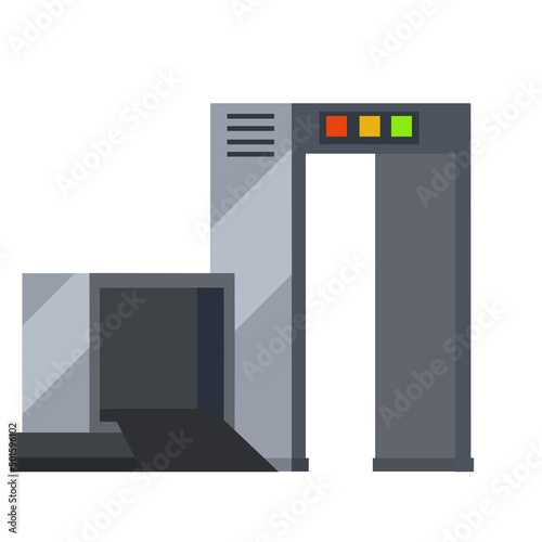 Metal detector. Safety frame. Checking dangerous items. Airport counterterrorism equipment. Modern technological gates and entrance. X-ray interoscope.