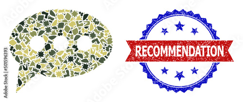 Military camouflage mosaic of forum message icon, and bicolor rubber Recommendation seal stamp. Vector imprint with Recommendation title inside red ribbon and blue rosette, scratched bicolored style.