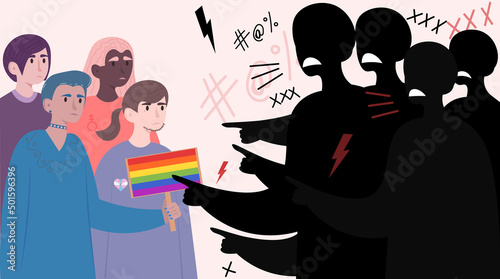 Public pressure on non-binary people. Social problems of modern society. Rejection of the LGBTQ community. Flat vector illustration	 photo