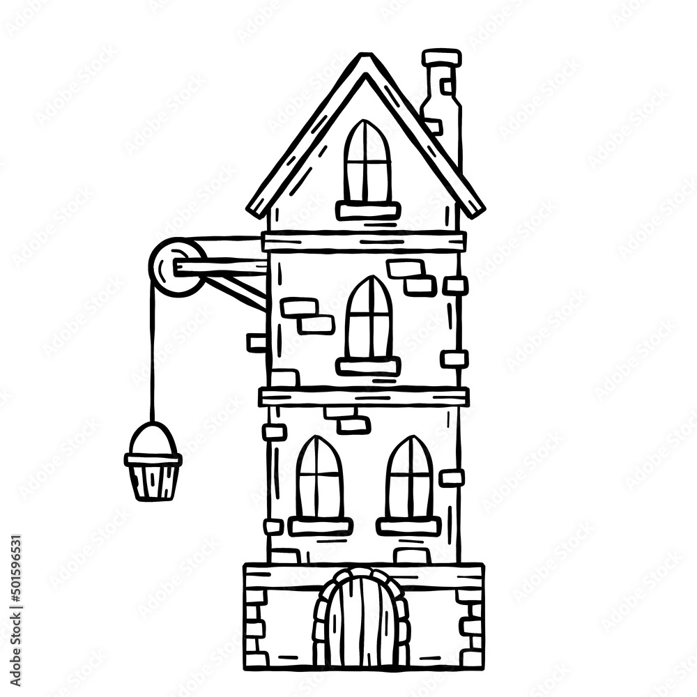 Fototapeta premium Medieval house. Old house with chimney. Cartoon retro illustration.