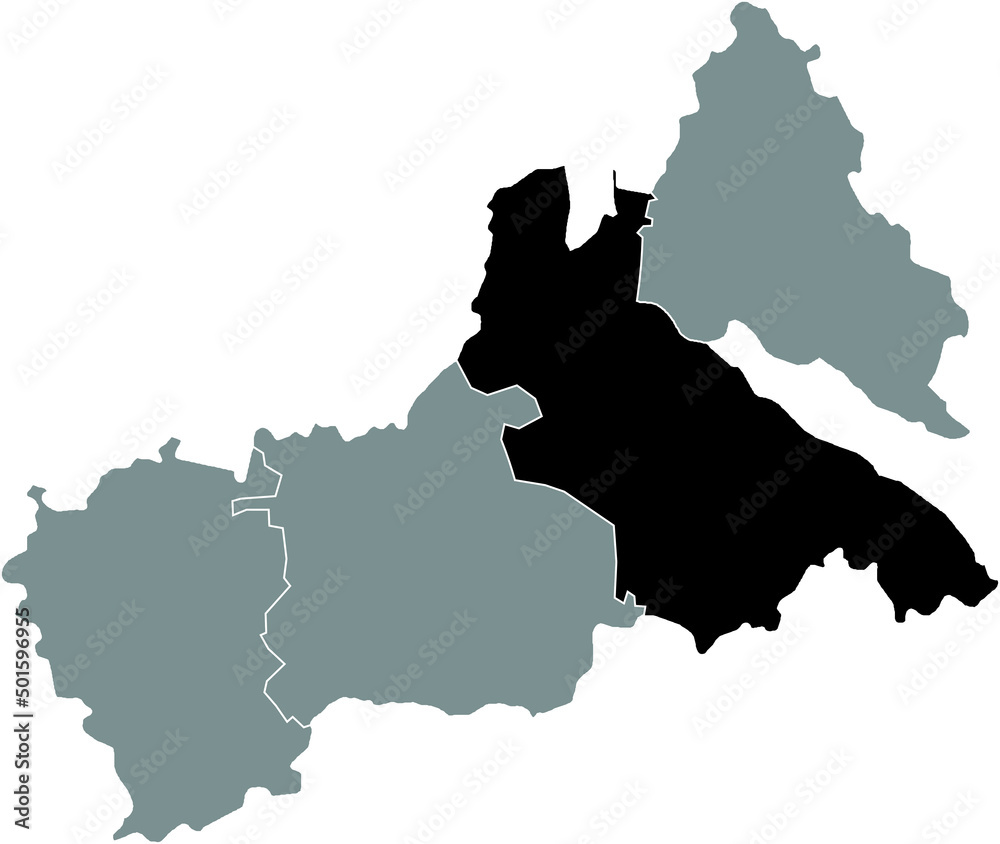 Black flat blank highlighted location map of the CHERKASY RAION inside gray raions map of the Ukrainian administrative area of Cherkasy Oblast, Ukraine