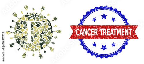 Military camouflage mosaic of Gamma coronavirus icon, and bicolor rubber Cancer Treatment stamp. Vector watermark with Cancer Treatment caption inside red ribbon and blue rosette,