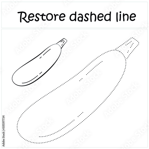 Zucchini. Repair the dotted line. Handwriting practice. Vegetables in contours. Educational game for toddlers and preschoolers. Cartoon style. Isolated vector illustration, eps