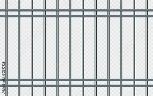 Vector illustration iron prison bars isolated on transparent background. Metal rods seamless pattern. Steel jail cell bars backdrop. Realistic prison grid background.