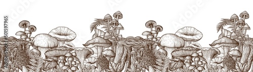 Tela Seamless horizontal pattern mushrooms near the stump in the style of engraving