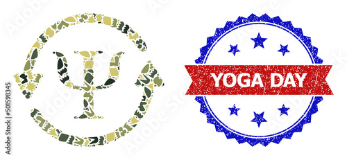 Military camouflage mosaic of mental recovery icon, and bicolor grunge Yoga Day seal. Vector seal with Yoga Day title inside red ribbon and blue rosette, distress bicolored style.