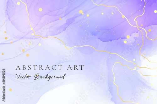 Purple blue and lavender liquid marble background with gold stripes and glitter dust. Pastel cyan violet watercolor drawing effect. Vector illustration backdrop with gold splatter for wedding invite