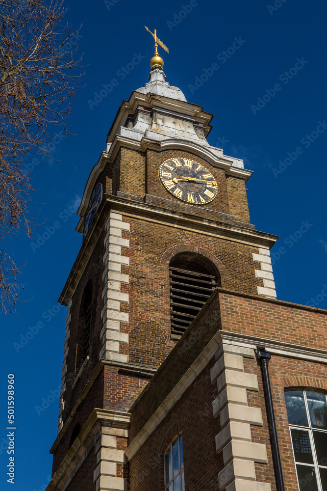 Tower of the former St. Johns Church in Wapping, London, UK