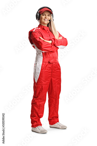 Fotografia Female race team member in a red suit posing