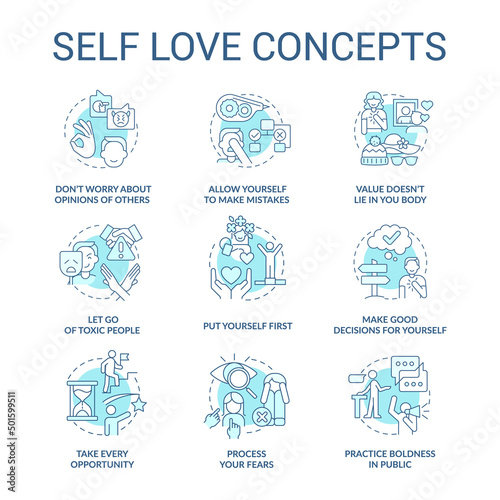 Self love turquoise concept icons set. Care about personal mental wellness idea thin line color illustrations. Isolated symbols. Editable stroke. Roboto-Medium, Myriad Pro-Bold fonts used