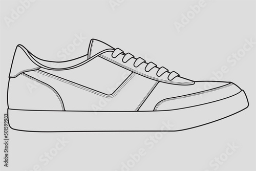 Shoes sneaker outline drawing vector, Sneakers drawn in a sketch style, black line sneaker trainers template outline, vector Illustration.
