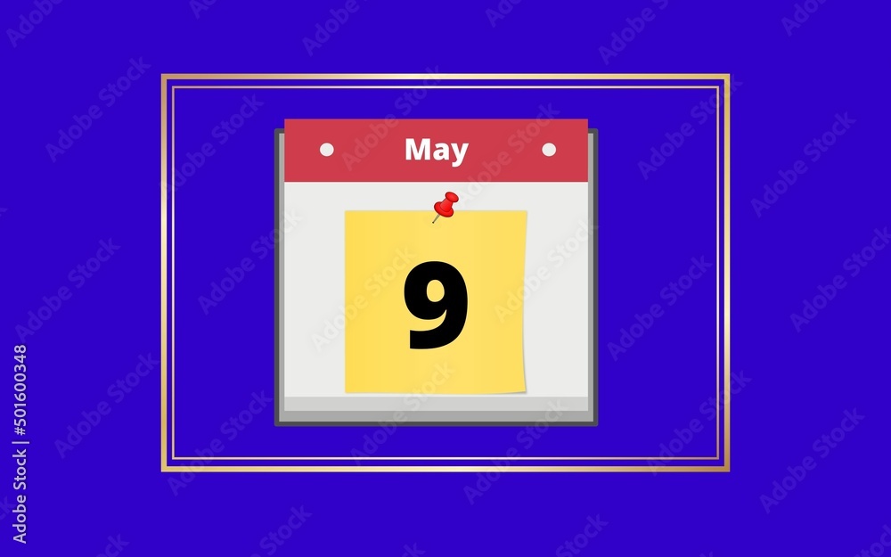 month of may day 9 calendar with blue and gold details, to remember celebration date. month of may day 9 calendar with blue and gold details, to remember celebration date.