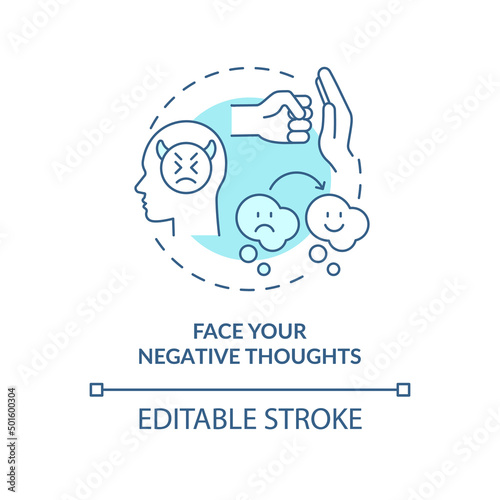 Face negative thoughts turquoise concept icon. Self appreciation abstract idea thin line illustration. Negative thinking. Isolated outline drawing. Editable stroke. Arial, Myriad Pro-Bold fonts used