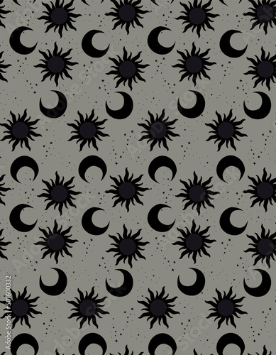 Abstract seamless pattern with spiritual signs, stylized sun and moon. Mystical theme, tarot cocept.