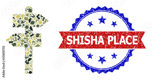 Military camouflage composition of way pointer icon, and bicolor grunge Shisha Place watermark. Vector watermark with Shisha Place caption inside red ribbon and blue rosette, distress bicolored style.