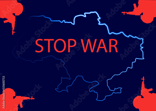 Vector illustration with a map of Ukraine and the military with weapons. The theme of opposition to the invasion of Ukraine.