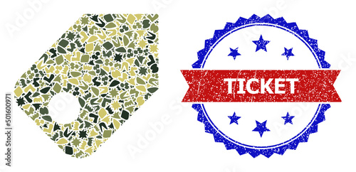 Military camouflage mosaic of tag icon, and bicolor textured Ticket seal stamp. Vector seal with Ticket tag inside red ribbon and blue rosette, retro bicolored style.