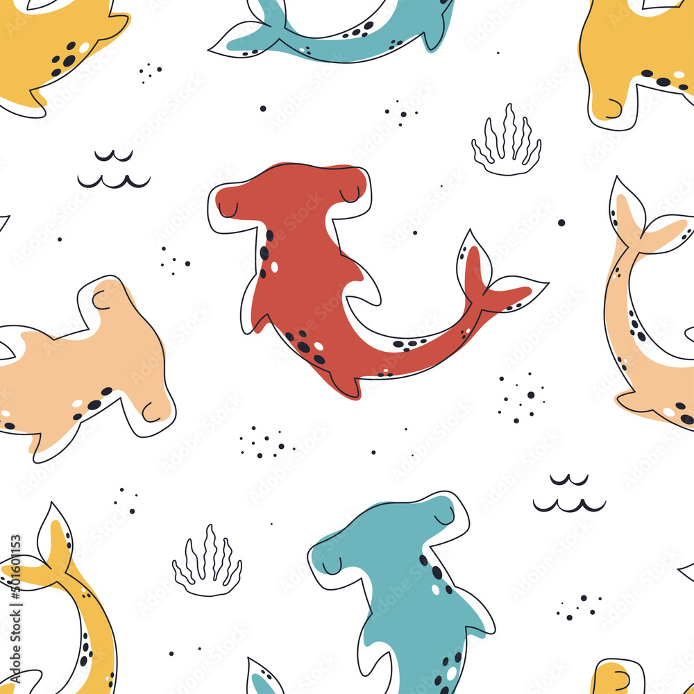 colored childish simple seamless pattern with sharks - obrazy, fototapety, plakaty 
