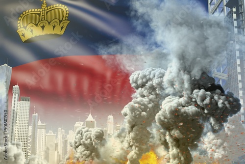 big smoke column with fire in the modern city - concept of industrial catastrophe or act of terror on Liechtenstein flag background, industrial 3D illustration