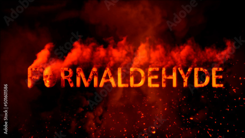 Text formaldehyde with scary human skull on burning bg - industrial 3D illustration photo