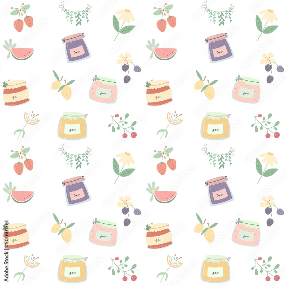 Vector seamless pattern with jars of jam and fruits, berries. Design for kitchen textiles and wallpapers. Vector seamless pattern with jars of jam and fruits, berries. Design for kitchen textiles and wallpapers.