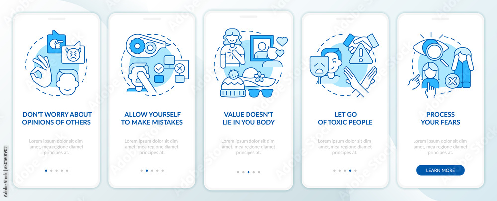 Self-care strategies blue onboarding mobile app screen. Walkthrough 5 steps graphic instructions pages with linear concepts. UI, UX, GUI template. Myriad Pro-Bold, Regular fonts used