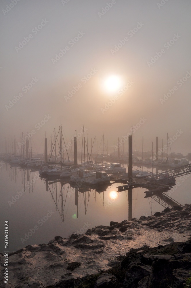 Thick fog in the morning on the Treguier harbor - Brittany France